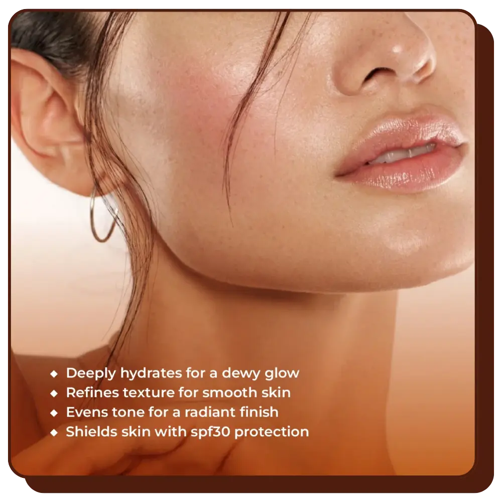Close-up of a woman's face with text highlighting skincare benefits